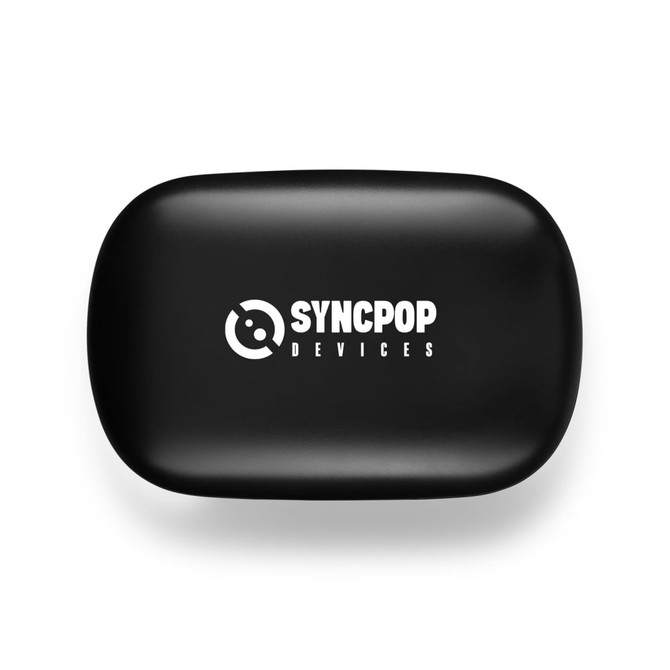 A sleek black charging case with a logo, designed for portable device storage and charging.