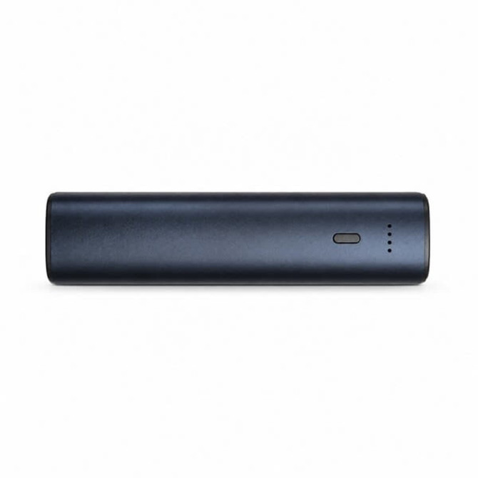A sleek navy blue tech pack charger with a minimal design and indicator lights. Features a logo on the side.