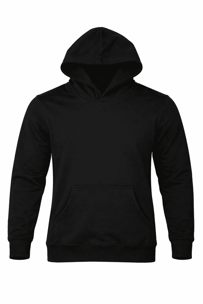 A black hoodie featuring a front pocket and a hood. Includes a logo on the chest area.