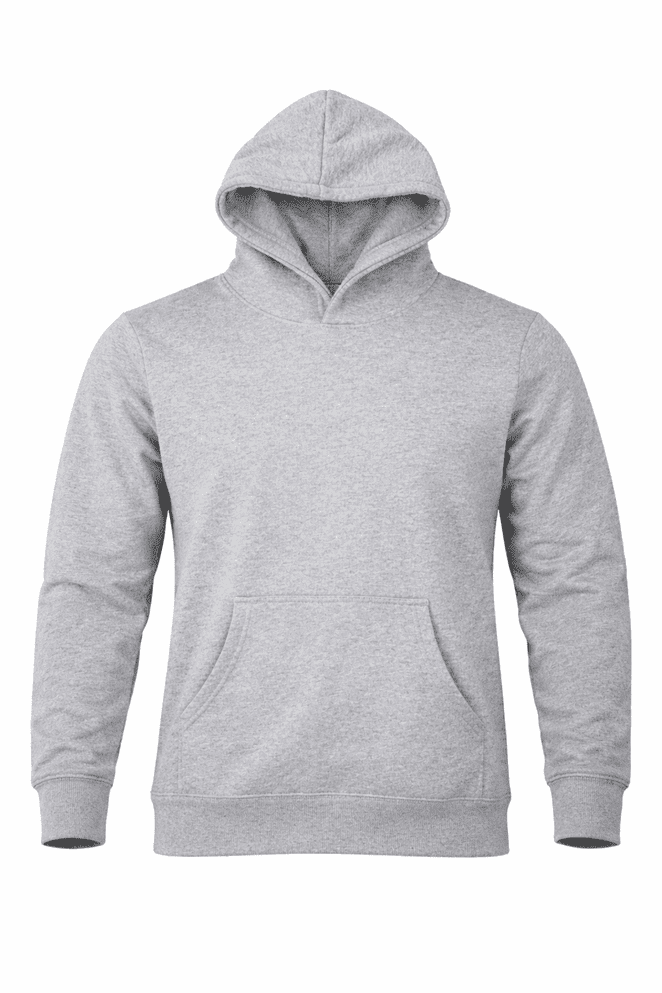 A grey hooded jumper with a front pocket and a logo on the front. Ideal for casual wear.