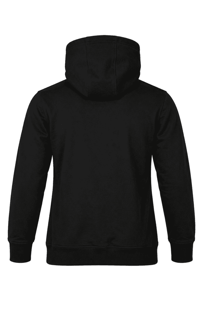 A black men's hoodie featuring a hood and long sleeves, with a simple design and a logo on the back.