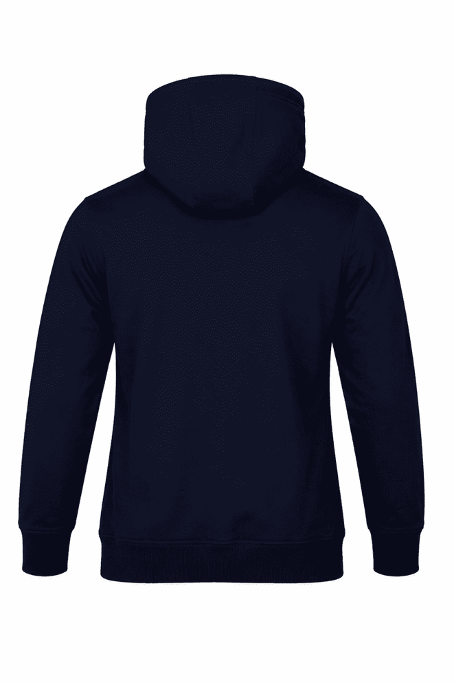 A navy blue hoodie with a kangaroo pocket and a drawstring hood, featuring a logo on the back.