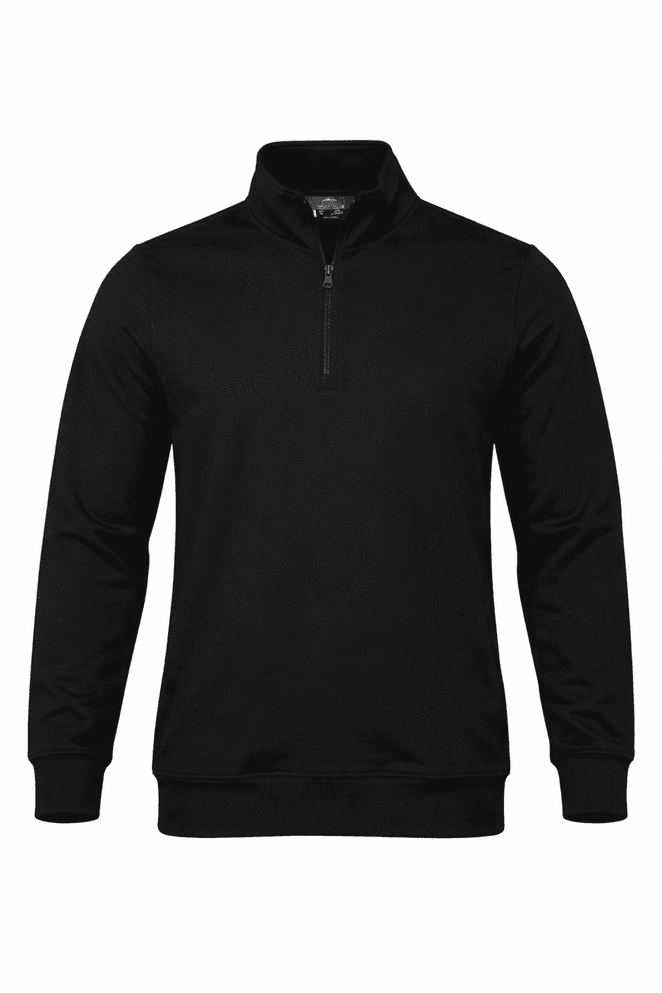 A black men's quarter-zip sweater with long sleeves and a logo on the chest.