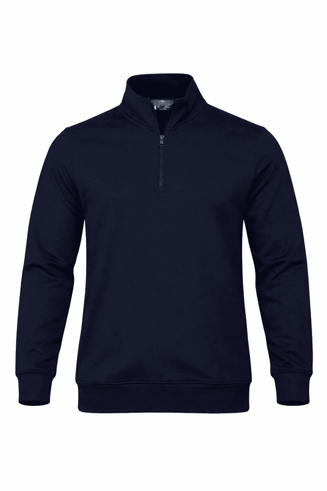 A navy 1/4 zip sweater featuring long sleeves and a ribbed hem, designed for kids. It has a small logo on the chest.