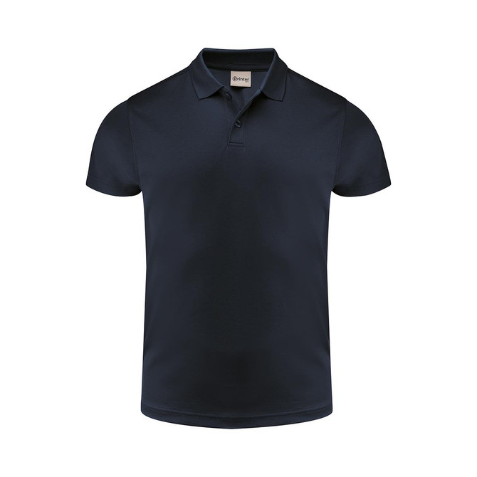 A navy blue men's polo shirt with a collar and short sleeves, featuring a branding logo.