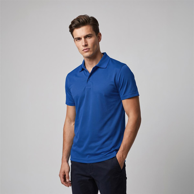 A blue polo shirt for men, featuring a collar and short sleeves, with a logo on it.