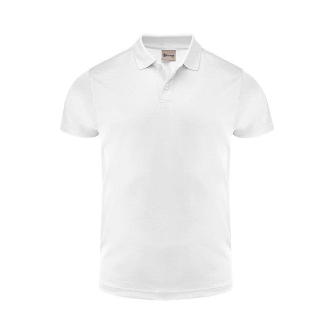 A plain white polo shirt with a collar and short sleeves, featuring a logo on the chest.