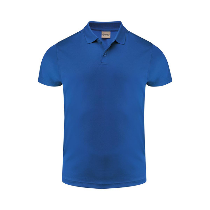 A blue men's polo shirt featuring a collar, short sleeves, and a logo on the chest.