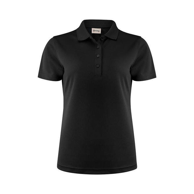 A black women's polo shirt featuring a classic collar and button placket. It has a branded logo.
