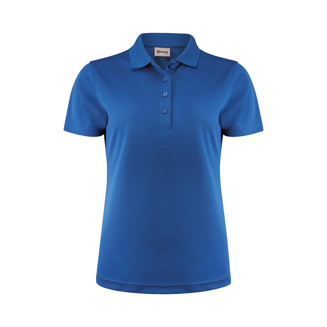 A blue women's polo shirt with a collar and three-button placket. It features a logo on the front.