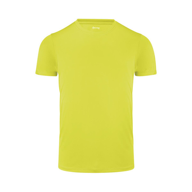 A bright yellow men's active tee with a classic crew neckline and short sleeves. Features a logo on the label.