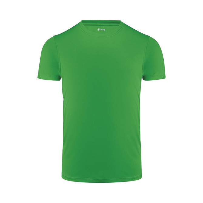 A green men's T-shirt with a round neck and short sleeves, featuring a logo.