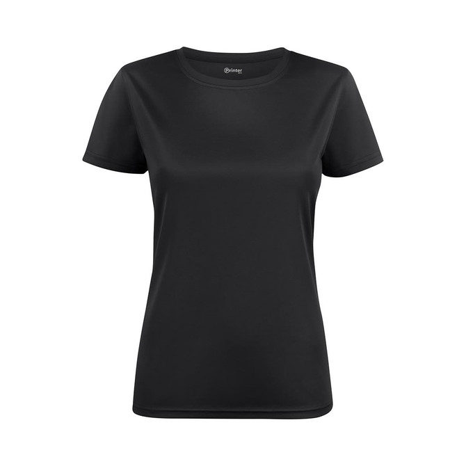 A black women's active tee with a classic short-sleeve design and a branding label on the neckline.