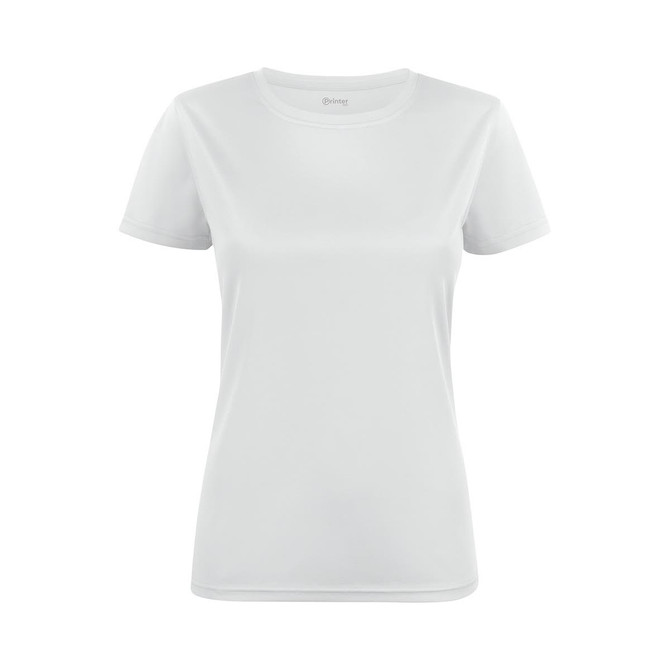 A white women's active t-shirt with a round neckline and short sleeves, featuring a logo on the front.