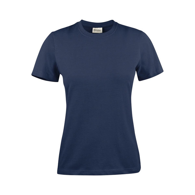 A navy blue women's t-shirt with short sleeves and a fitted design. The shirt has a logo on the label.