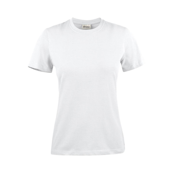 A white Women's Printer 140 Tee, featuring a classic crew neck and short sleeves. The shirt has a logo on the label.