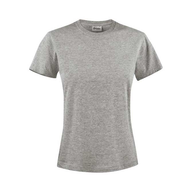A grey women's t-shirt with short sleeves and a crew neck, featuring a logo.