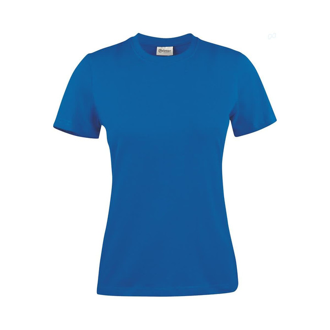 A bright blue women's t-shirt with short sleeves and a round neckline, featuring a logo on the label.