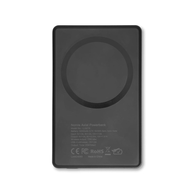 A black solid-state power bank with a circular charging area and a logo on the surface.