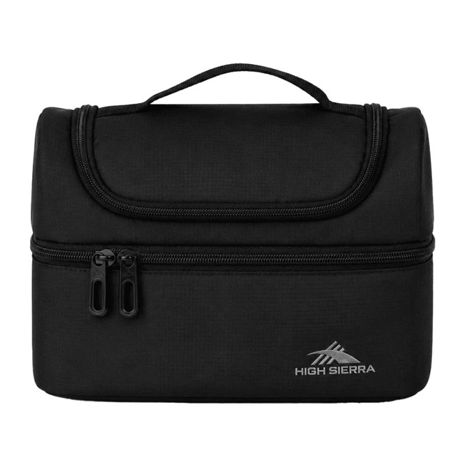 A black lunch bag with a zippered compartment and a handle on top, featuring a logo on the front.
