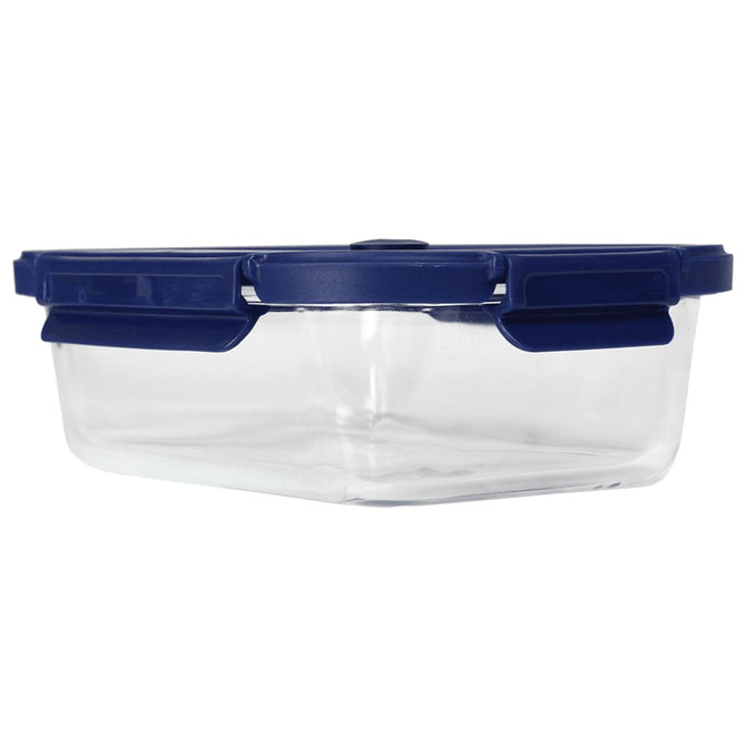 A clear glass lunch box with a navy blue clip-on lid, featuring a sleek square design.