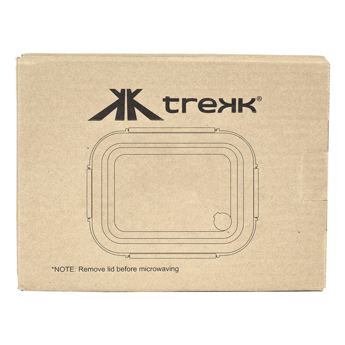 A cardboard box containing a clear glass lunch box with a rectangular shape and a branding logo.