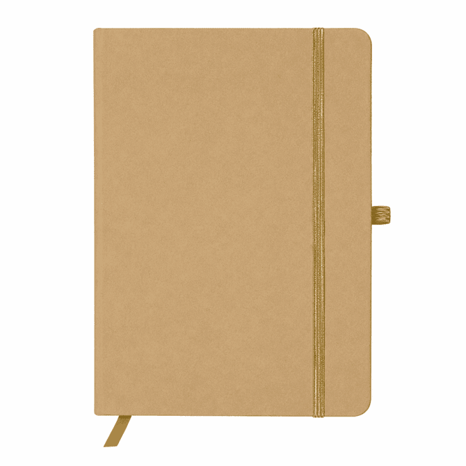 A cardboard-coloured A5 notebook featuring a textured cover, an elastic closure, and a bookmark ribbon.