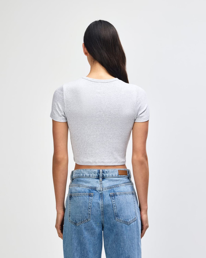 A grey crop fitted T-shirt is displayed on a model, showing a back view paired with blue jeans.