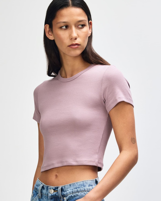 A fitted women's crop t-shirt in a soft mauve colour, featuring short sleeves and a round neckline.