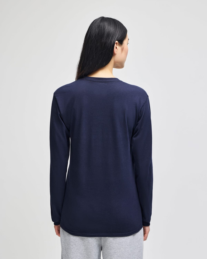 A long-sleeve T-shirt in navy blue, featuring a plain back and a simple design. It has a branding logo.