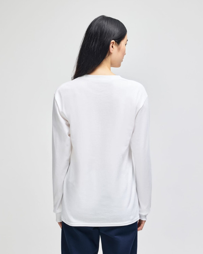A white long-sleeve t-shirt for adults, featuring a simple design with a logo.