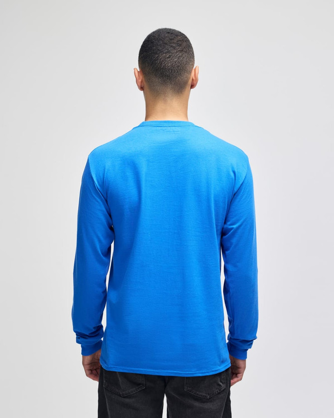A blue long-sleeve t-shirt with a plain back, featuring a logo.