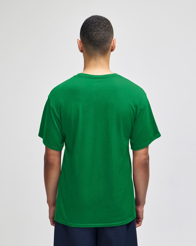 A green short sleeve jersey t-shirt with a logo on the back. Designed for adults, featuring a relaxed fit.