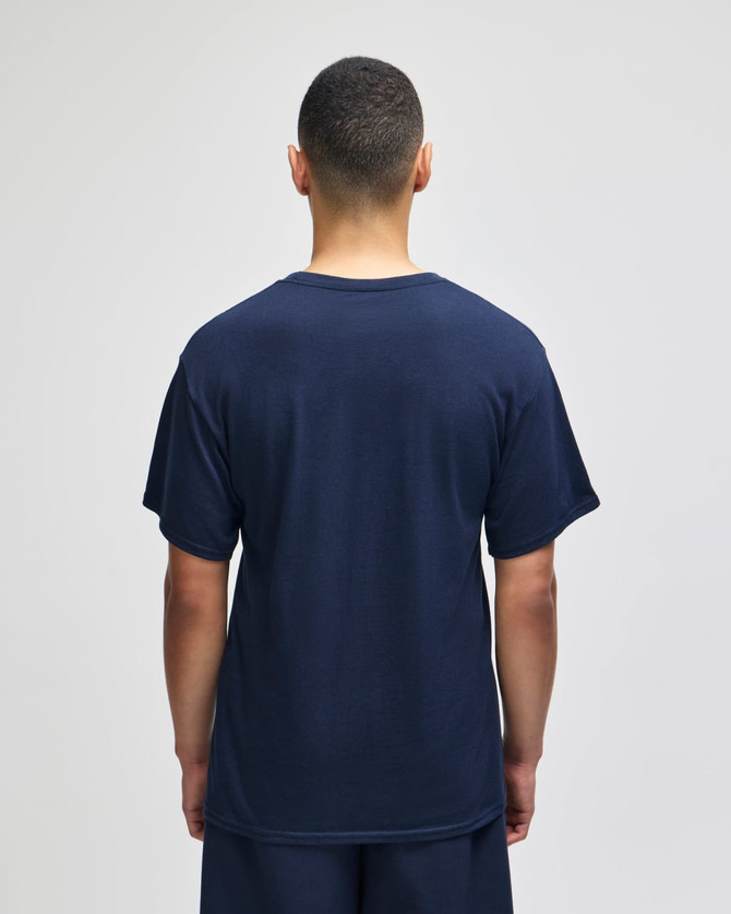 A navy blue Champion Adult Jersey Short Sleeve T-Shirt featuring a logo, viewed from the back.