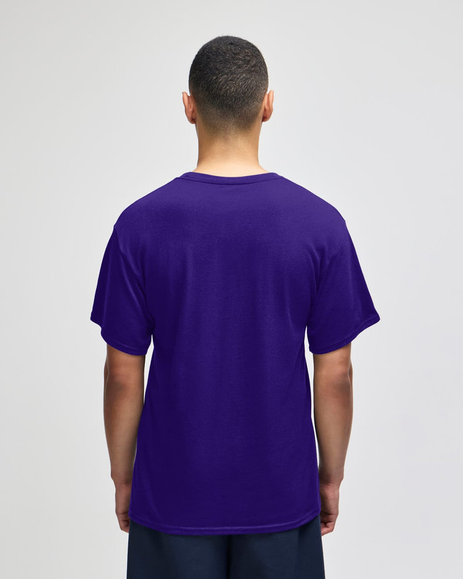 A purple Champion Adult Jersey Short Sleeve T-Shirt displayed from the back, featuring a simple design and no visible logos.