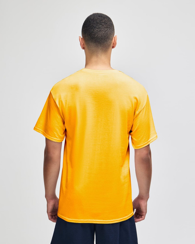 A bright yellow short sleeve t-shirt viewed from the back, featuring a logo.