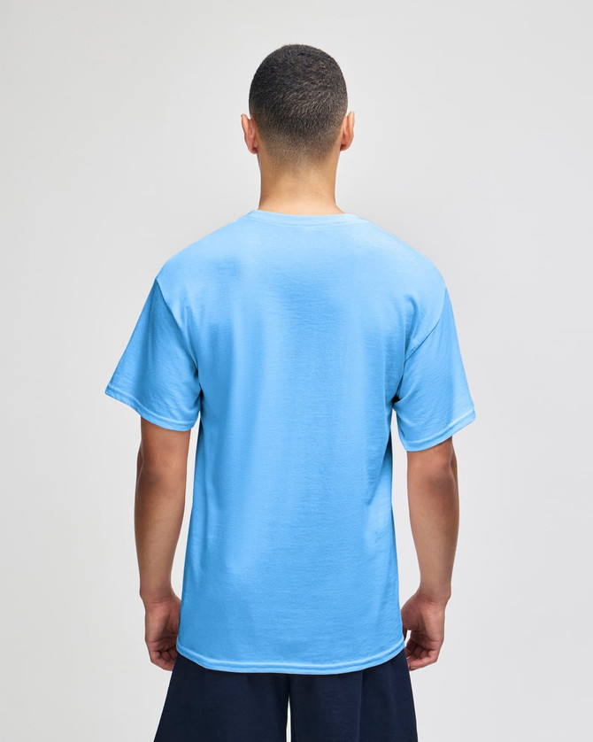 A light blue Champion adult jersey short sleeve t-shirt featuring a back view and a logo.