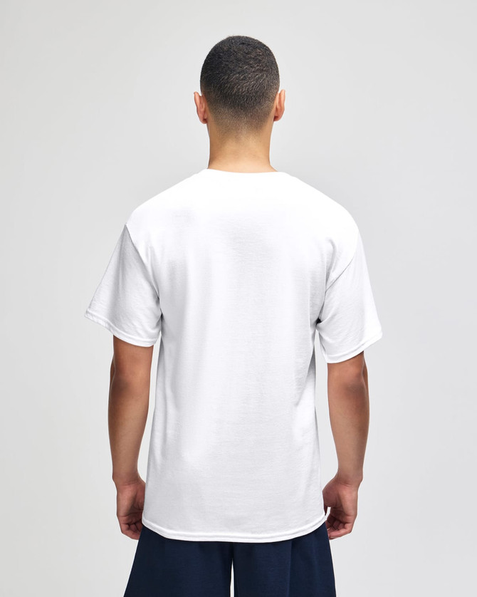 A plain white short sleeve t-shirt displayed from the back, featuring a logo on the upper back.