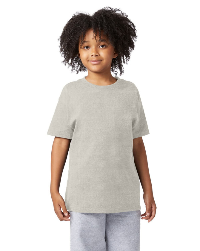 A youth short sleeve T-shirt in grey colour with a round neckline and a logo on the chest.