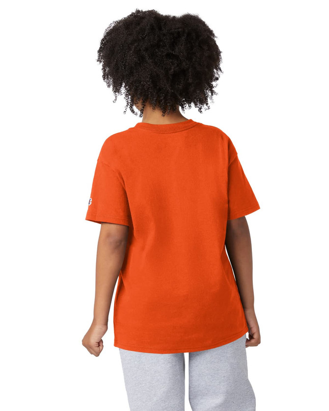 A short sleeve youth t-shirt in vibrant orange, featuring a logo on the sleeve.