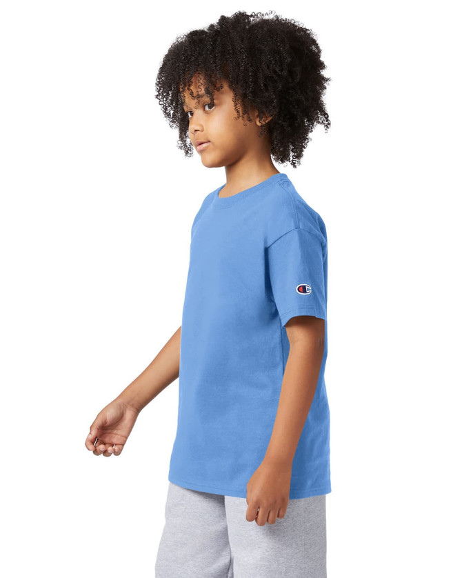 A blue short sleeve t-shirt for youth with a logo on the sleeve, displayed on a model.