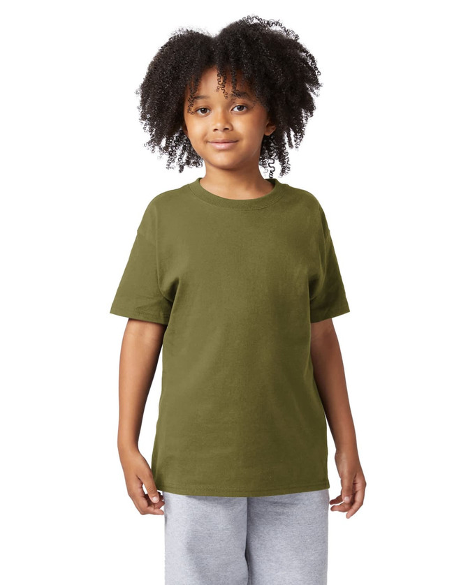 A green Champion Youth Jersey short sleeve T-shirt displayed on a child with curly hair, wearing grey bottoms.