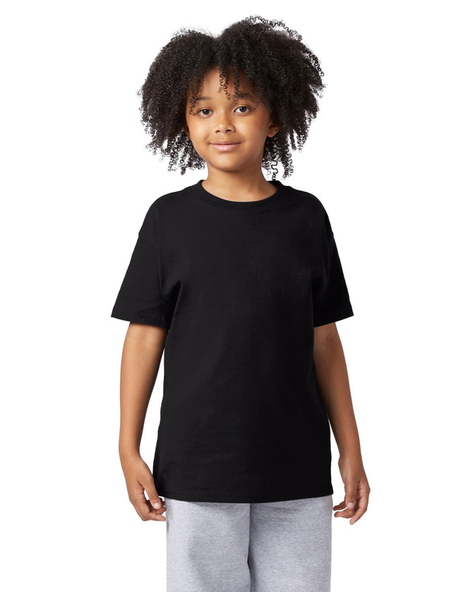 A black short sleeve t-shirt for youth, featuring a simple design and a relaxed fit.