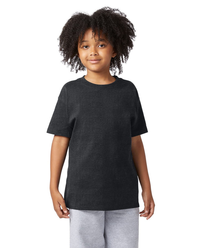 A youth short sleeve t-shirt in black, featuring a simple design and a logo on the sleeve.