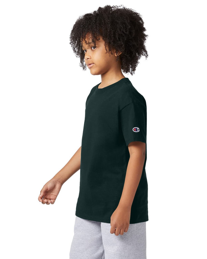 A youth short sleeve t-shirt in dark green with a logo on the sleeve, displayed on a model.