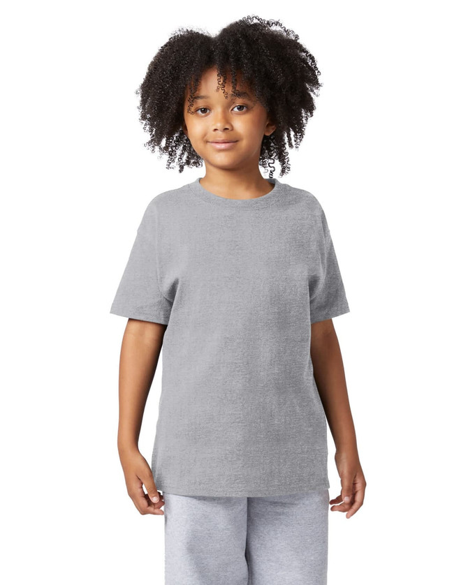 A grey short sleeve t-shirt for youth, featuring a simple design and a logo on the front.
