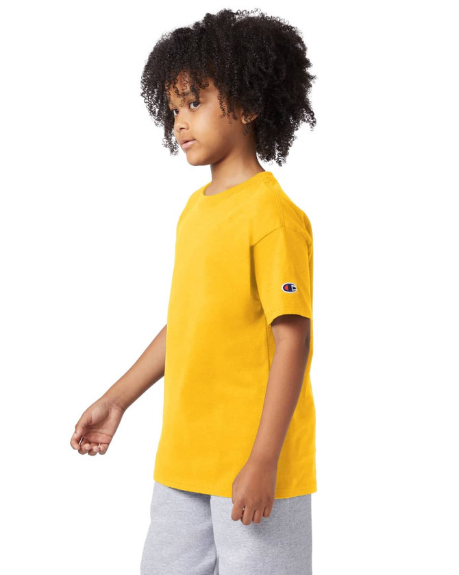 A yellow short sleeve t-shirt with a logo on the sleeve, displayed on a child.