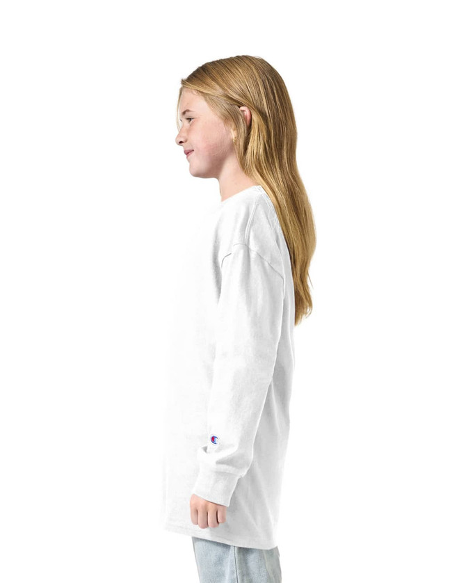 A white long sleeve t-shirt for youth, featuring a small logo on the sleeve.