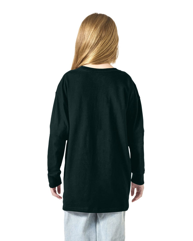 A black long sleeve youth t-shirt viewed from the back, featuring a relaxed fit. Includes a logo.