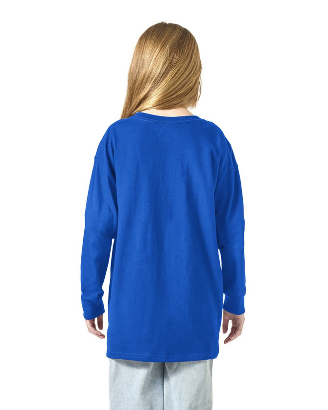 A blue long sleeve t-shirt is displayed from the back, showcasing its relaxed fit and simple design.